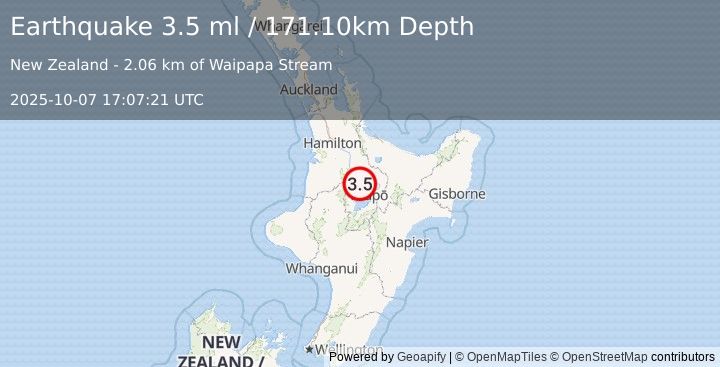 Earthquake NORTH ISLAND OF NEW ZEALAND (3.5 ml) (2025-10-07 17:07:21 UTC)