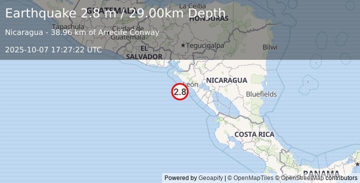 Earthquake NEAR COAST OF NICARAGUA (2.8 m) (2025-10-07 17:27:22 UTC)