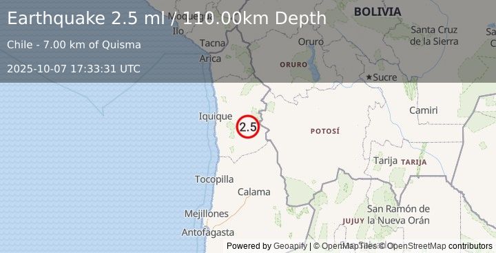 Earthquake TARAPACA, CHILE (2.5 ml) (2025-10-07 17:33:31 UTC)