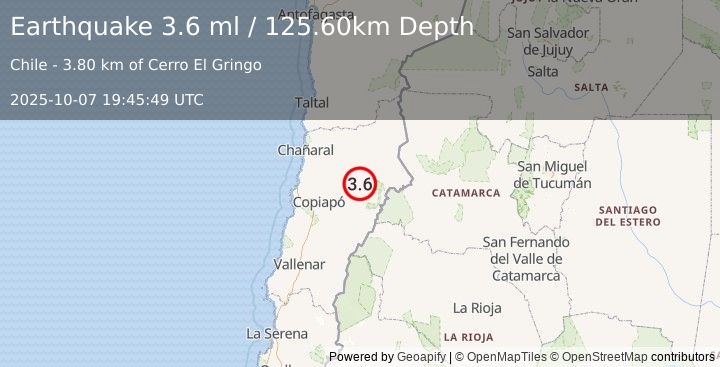Earthquake ATACAMA, CHILE (3.6 ml) (2025-10-07 19:45:49 UTC)
