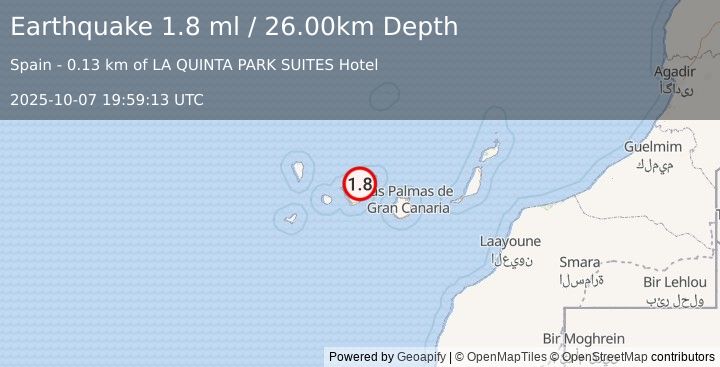 Earthquake CANARY ISLANDS, SPAIN REGION (1.8 ml) (2025-10-07 19:59:13 UTC)