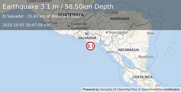 Earthquake OFFSHORE EL SALVADOR (3.1 m) (2025-10-07 20:47:59 UTC)