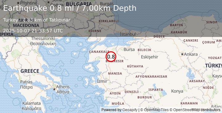 Earthquake WESTERN TURKEY (0.8 ml) (2025-10-07 21:33:57 UTC)