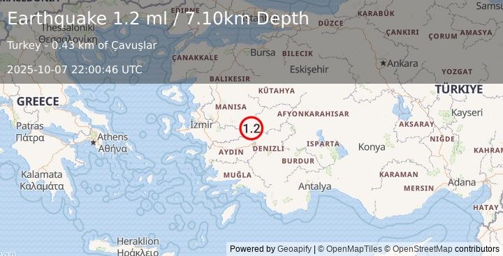 Earthquake WESTERN TURKEY (1.2 ml) (2025-10-07 22:00:45 UTC)