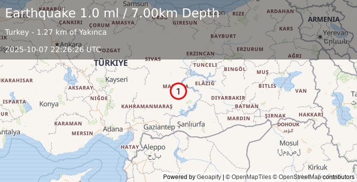 Earthquake EASTERN TURKEY (1.0 ml) (2025-10-07 22:26:26 UTC)