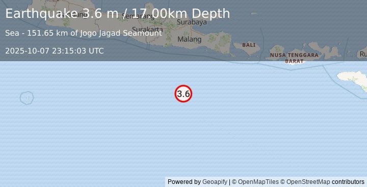 Earthquake SOUTH OF JAVA, INDONESIA (3.6 m) (2025-10-07 23:15:03 UTC)