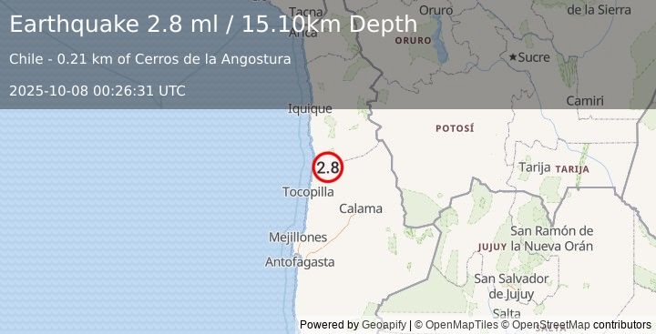 Earthquake ANTOFAGASTA, CHILE (2.8 ml) (2025-10-08 00:26:31 UTC)
