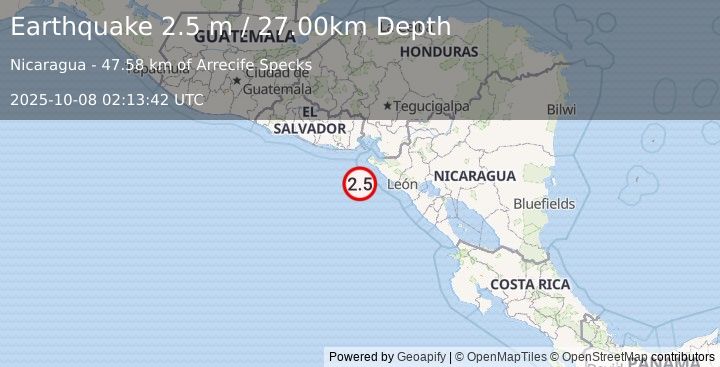 Earthquake NEAR COAST OF NICARAGUA (2.5 m) (2025-10-08 02:13:42 UTC)