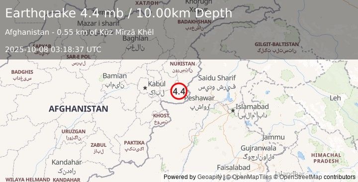 Earthquake HINDU KUSH REGION, AFGHANISTAN (4.4 mb) (2025-10-08 03:18:37 UTC)