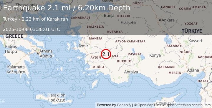 Earthquake WESTERN TURKEY (2.1 ml) (2025-10-08 03:38:01 UTC)