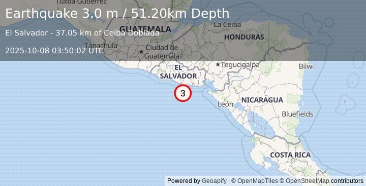 Earthquake OFFSHORE EL SALVADOR (3.0 m) (2025-10-08 03:50:02 UTC)