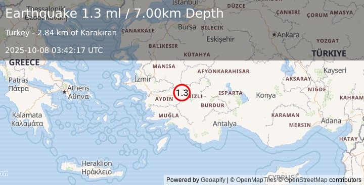Earthquake WESTERN TURKEY (1.3 ml) (2025-10-08 03:42:17 UTC)