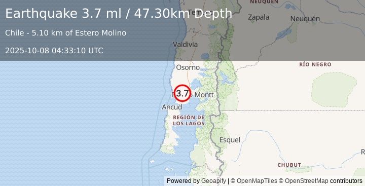 Earthquake LOS LAGOS, CHILE (3.7 ml) (2025-10-08 04:33:10 UTC)