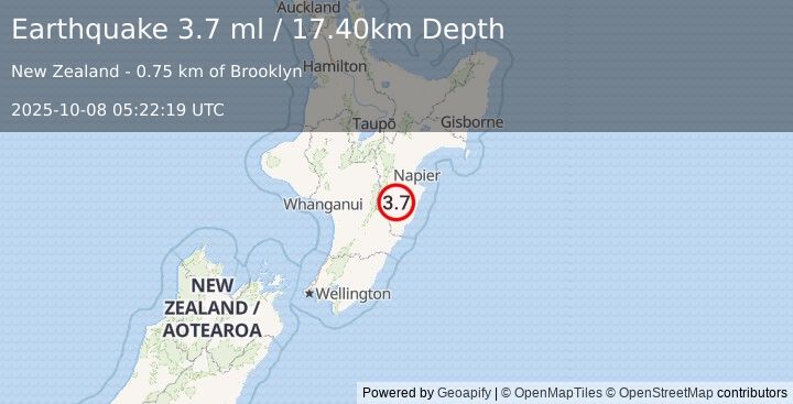Earthquake NORTH ISLAND OF NEW ZEALAND (3.7 ml) (2025-10-08 05:22:19 UTC)