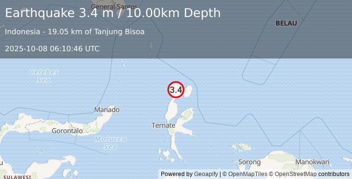 Earthquake MOLUCCA SEA (3.4 m) (2025-10-08 06:10:46 UTC)