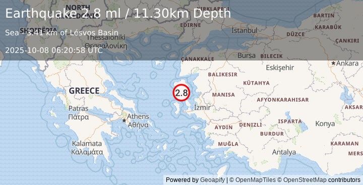Earthquake NEAR THE COAST OF WESTERN TURKEY (2.8 ml) (2025-10-08 06:20:58 UTC)
