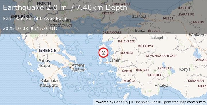 Earthquake NEAR THE COAST OF WESTERN TURKEY (2.0 ml) (2025-10-08 06:47:36 UTC)