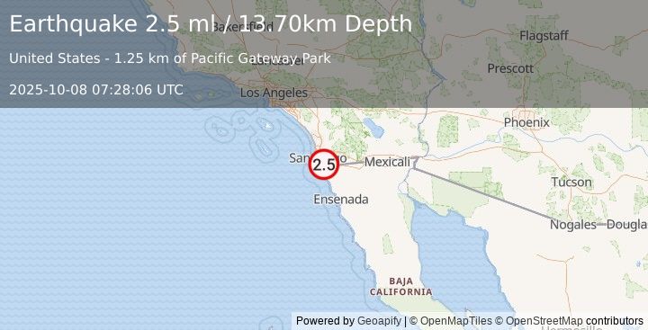 Earthquake SAN DIEGO CTY URBAN AREA, CALIF. (2.5 ml) (2025-10-08 07:28:06 UTC)