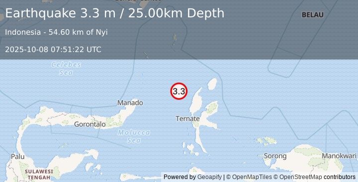 Earthquake MOLUCCA SEA (3.3 m) (2025-10-08 07:51:22 UTC)