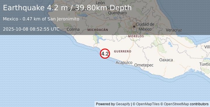 Earthquake GUERRERO, MEXICO (4.2 m) (2025-10-08 08:52:55 UTC)