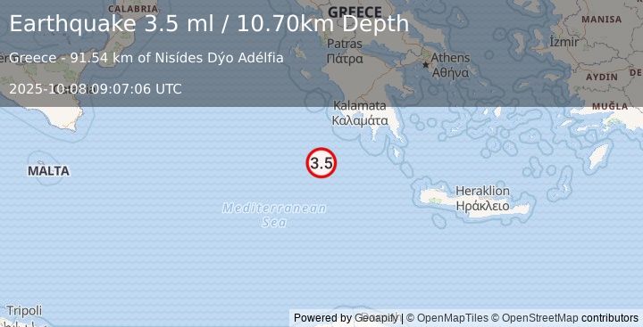 Earthquake SOUTHERN GREECE (3.5 ml) (2025-10-08 09:07:06 UTC)