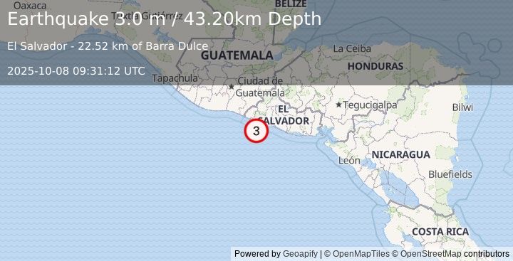 Earthquake OFFSHORE EL SALVADOR (3.0 m) (2025-10-08 09:31:12 UTC)