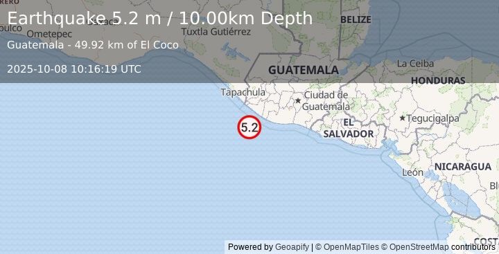 Earthquake OFFSHORE GUATEMALA (5.0 mw) (2025-10-08 10:16:19 UTC)