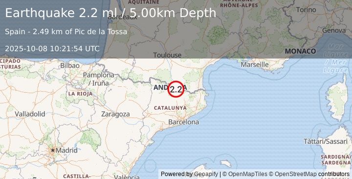 Earthquake PYRENEES (2.2 ml) (2025-10-08 10:21:54 UTC)