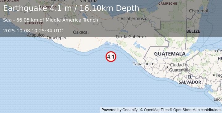 Earthquake OFFSHORE OAXACA, MEXICO (4.1 m) (2025-10-08 10:25:34 UTC)