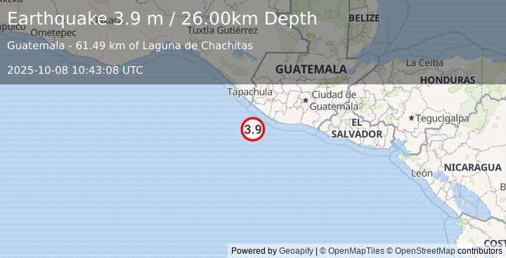 Earthquake OFFSHORE GUATEMALA (3.9 m) (2025-10-08 10:43:08 UTC)