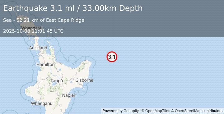 Earthquake OFF E. COAST OF N. ISLAND, N.Z. (3.1 ml) (2025-10-08 11:01:45 UTC)