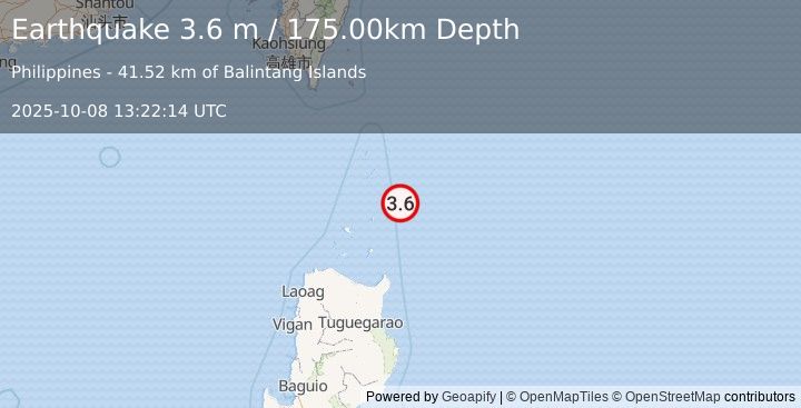 Earthquake BABUYAN ISL REGION, PHILIPPINES (3.6 m) (2025-10-08 13:22:14 UTC)