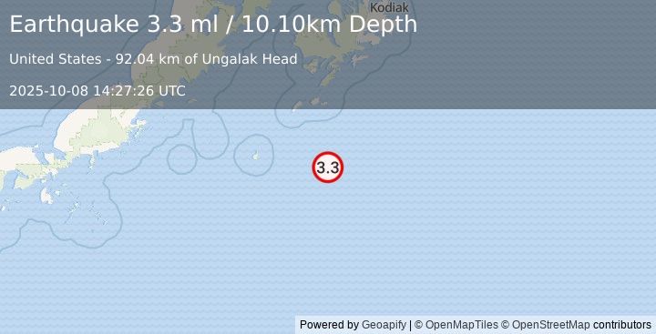 Earthquake SOUTH OF ALASKA (3.3 ml) (2025-10-08 14:27:26 UTC)