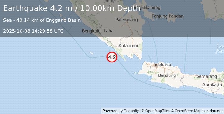 Earthquake SOUTHERN SUMATRA, INDONESIA (4.2 m) (2025-10-08 14:29:58 UTC)
