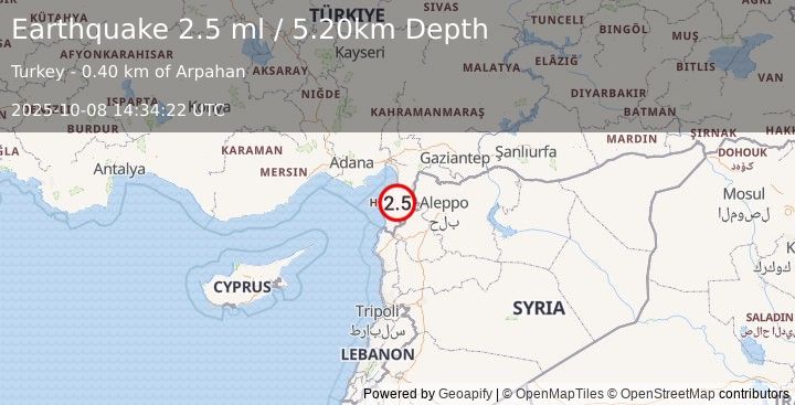 Earthquake TURKEY-SYRIA BORDER REGION (2.5 ml) (2025-10-08 14:34:22 UTC)