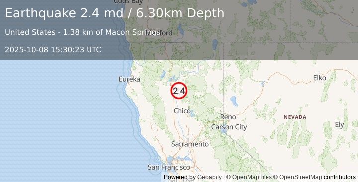 Earthquake NORTHERN CALIFORNIA (2.4 md) (2025-10-08 15:30:23 UTC)