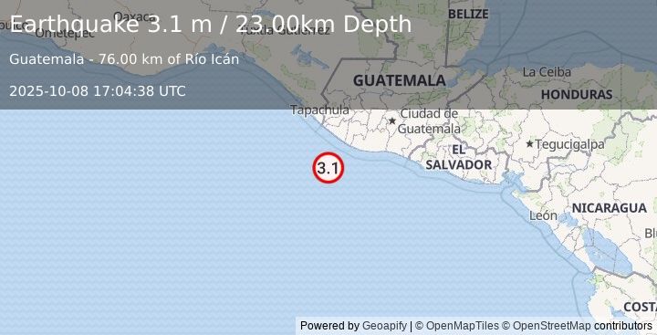 Earthquake OFFSHORE GUATEMALA (3.1 m) (2025-10-08 17:04:38 UTC)
