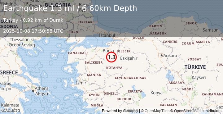Earthquake WESTERN TURKEY (1.3 ml) (2025-10-08 17:50:58 UTC)