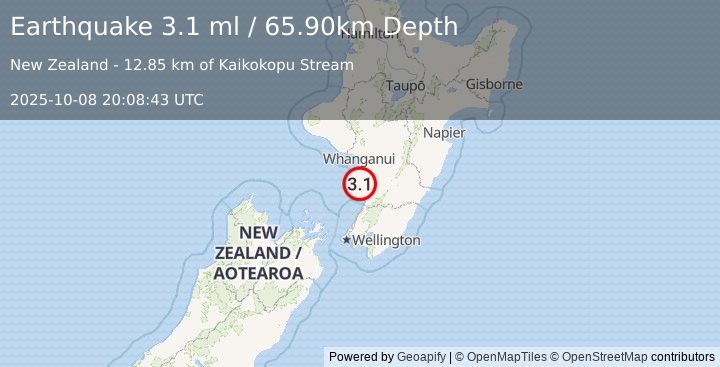 Earthquake NORTH ISLAND OF NEW ZEALAND (3.1 ml) (2025-10-08 20:08:43 UTC)