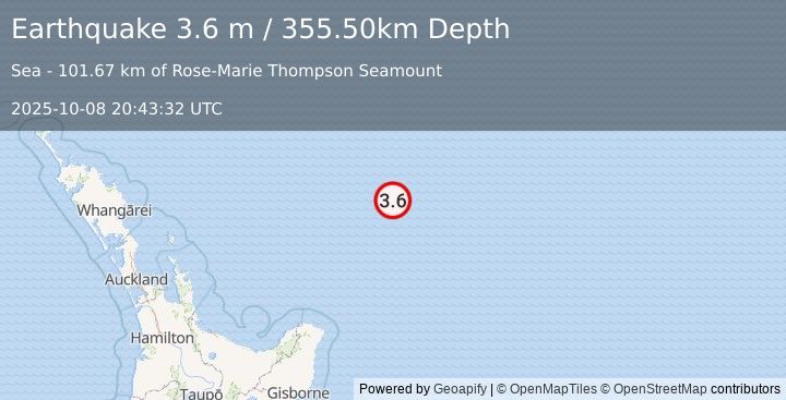 Earthquake OFF E. COAST OF N. ISLAND, N.Z. (3.6 m) (2025-10-08 20:43:32 UTC)