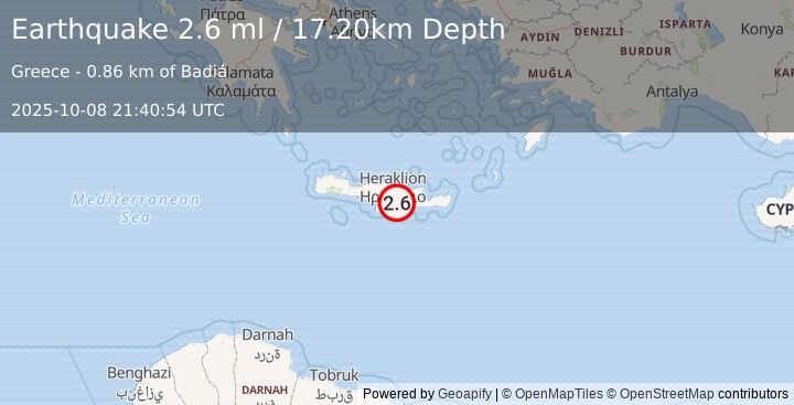Earthquake CRETE, GREECE (2.6 ml) (2025-10-08 21:40:54 UTC)