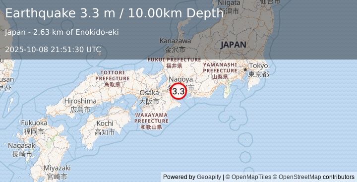 Earthquake WESTERN HONSHU, JAPAN (3.3 m) (2025-10-08 21:51:30 UTC)