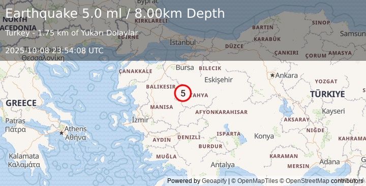 Earthquake WESTERN TURKEY (4.9 ml) (2025-10-08 23:54:07 UTC)