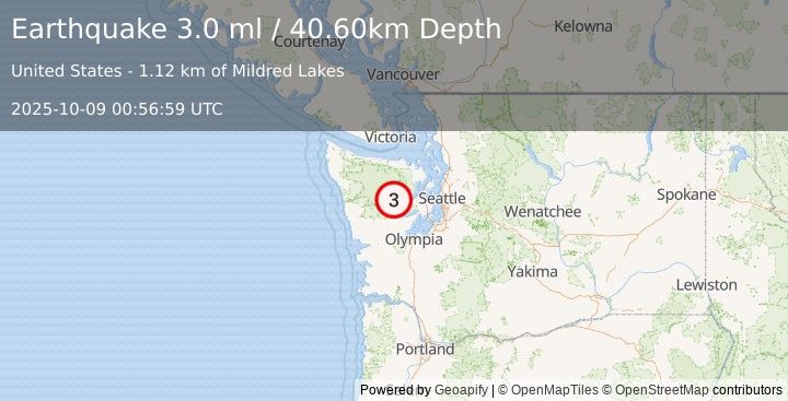 Earthquake OLYMPIC PENINSULA, WASHINGTON (2.9 ml) (2025-10-09 00:56:58 UTC)