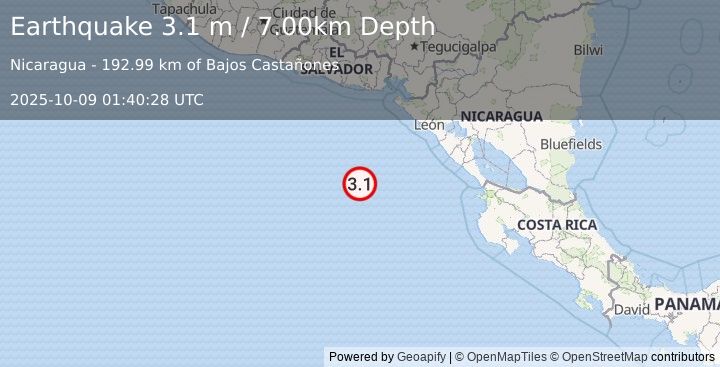 Earthquake OFF COAST OF CENTRAL AMERICA (3.1 m) (2025-10-09 01:40:28 UTC)