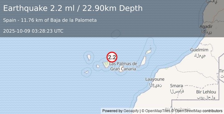 Earthquake CANARY ISLANDS, SPAIN REGION (2.2 ml) (2025-10-09 03:28:23 UTC)