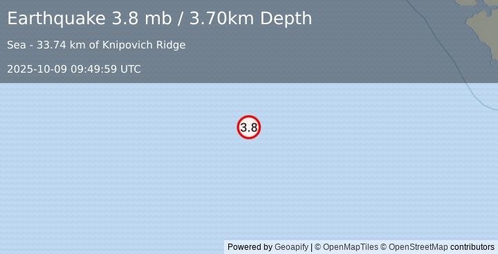 Earthquake SVALBARD REGION (3.8 mb) (2025-10-09 09:49:59 UTC)