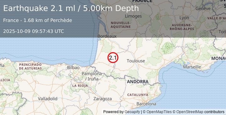 Earthquake PYRENEES (2.1 ml) (2025-10-09 09:57:43 UTC)