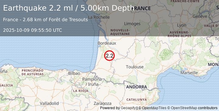 Earthquake FRANCE (2.2 ml) (2025-10-09 09:55:50 UTC)