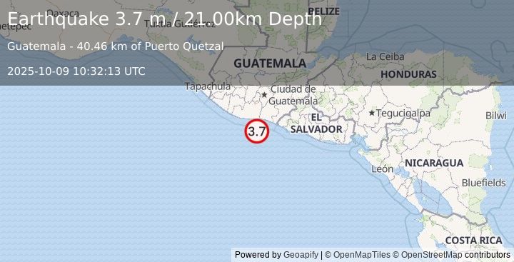 Earthquake OFFSHORE GUATEMALA (3.7 m) (2025-10-09 10:32:13 UTC)